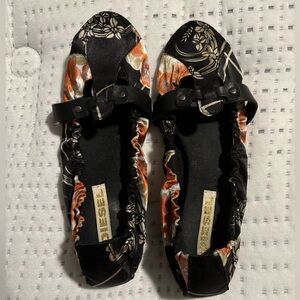 DIESEL Rare Black Floral Satin Obi Ballet Flats 6